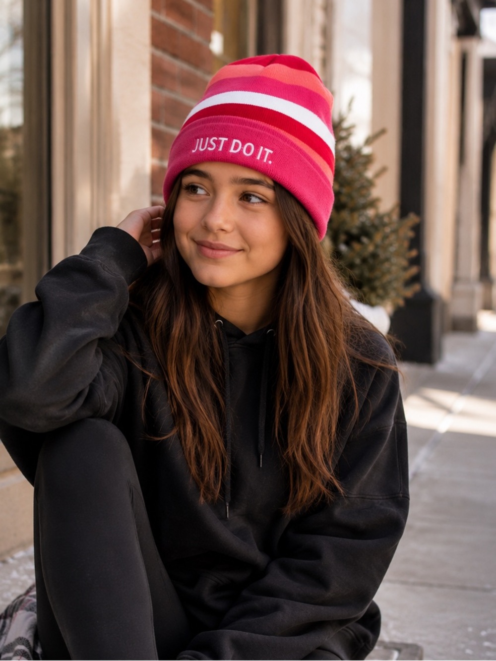 Nike Youth‎ Reversible Beanie Striped Just Do It Pink Red White NWT